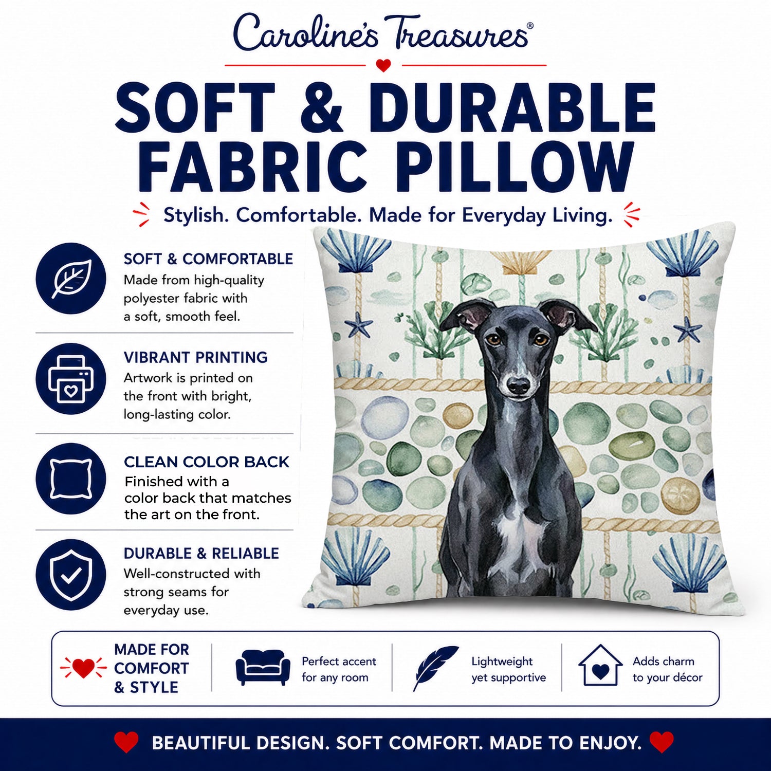 Black Whippet Coastal Sea Glass Decorative Throw Pillow 14x14 Indoor Outdoor Accent Cushion, Fabric Cover with Insert for Sofa, Bed, Porch & Living Room