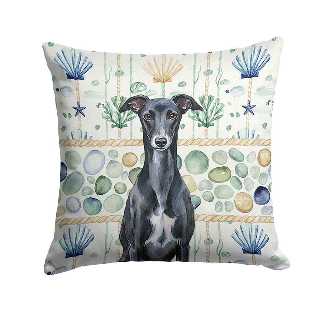 Black Whippet Coastal Sea Glass Decorative Throw Pillow 14x14 Indoor Outdoor Accent Cushion, Fabric Cover with Insert for Sofa, Bed, Porch & Living Room