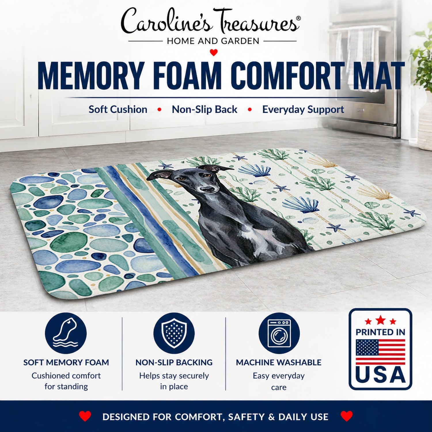 Black Whippet Coastal Sea Glass Memory Foam Kitchen Mat Machine Washable Anti-Fatigue Cushion Comfort Bath or Kitchen Rug