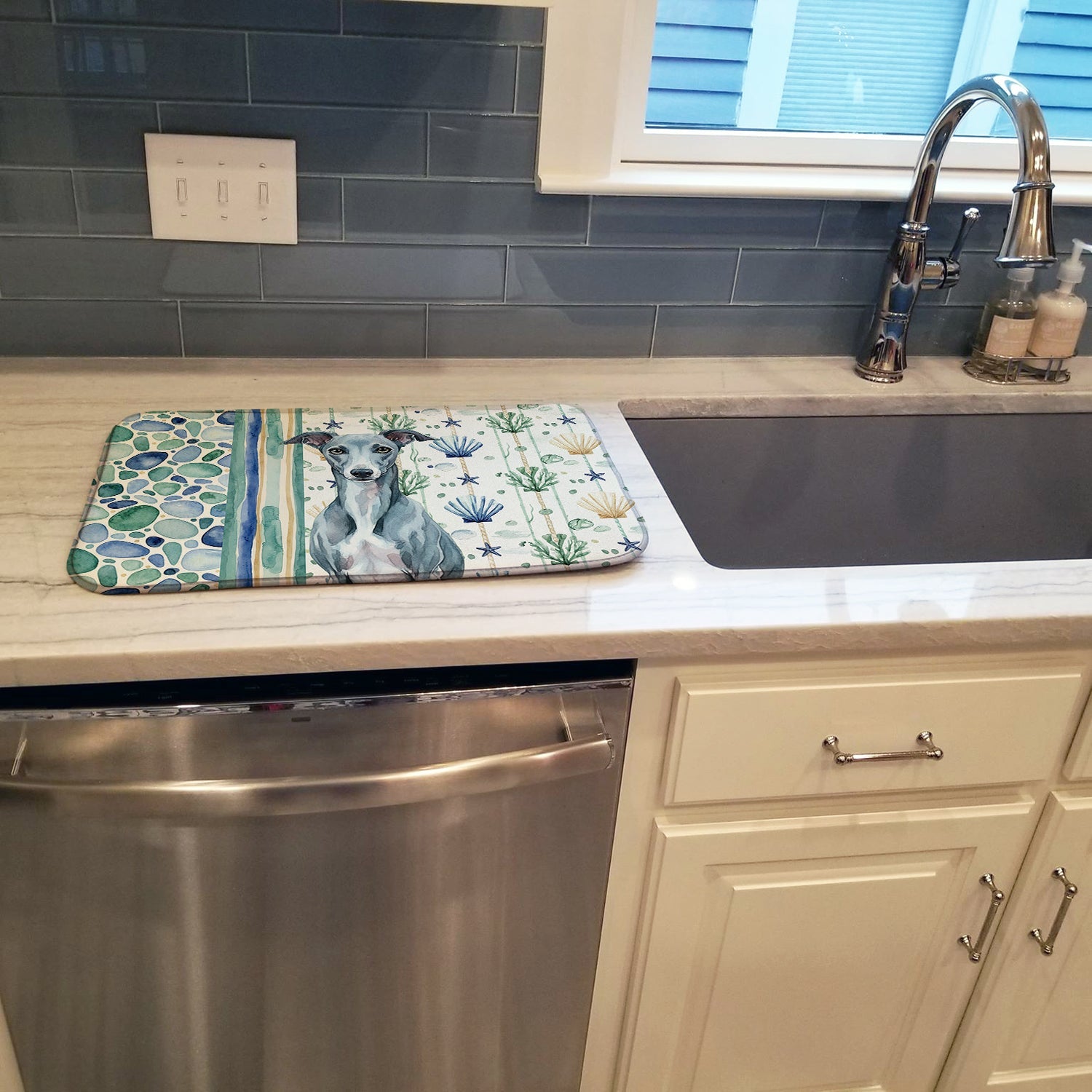 Blue Whippet Coastal Sea Glass Dish Drying Mat Absorbent Dish Drying Mat Pad for Kitchen Counter Dish Drainer Mat for Countertop, 14 x 21", Multicolor