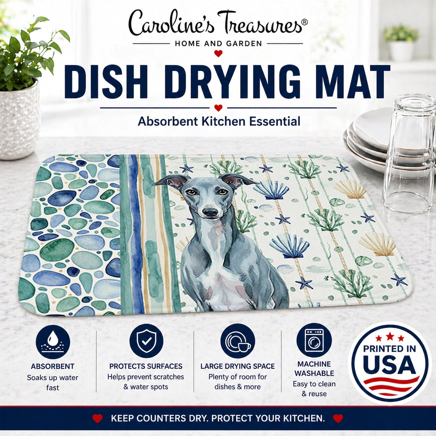 Blue Whippet Coastal Sea Glass Dish Drying Mat Absorbent Dish Drying Mat Pad for Kitchen Counter Dish Drainer Mat for Countertop, 14 x 21", Multicolor