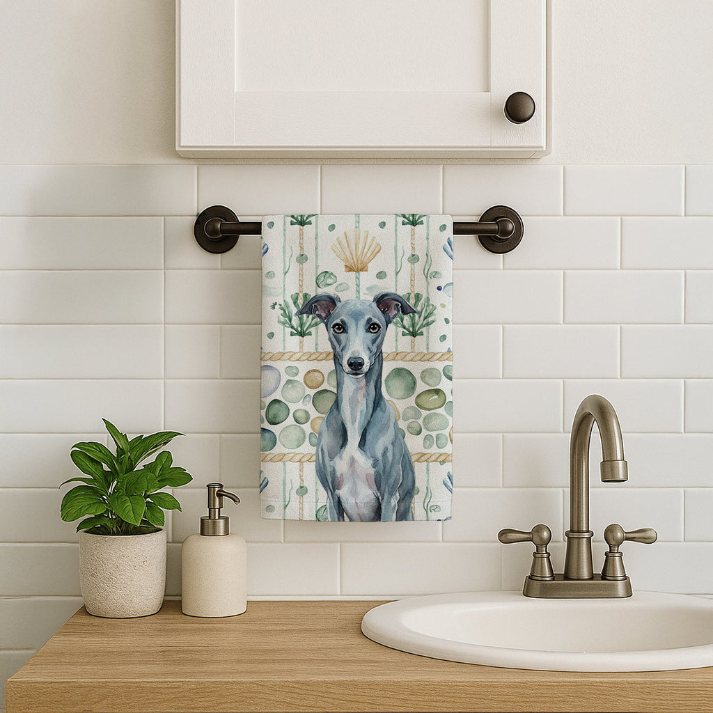 Blue Whippet Coastal Sea Glass Kitchen Towel Velour Plush Front and Cotton Loop Back Machine Washable