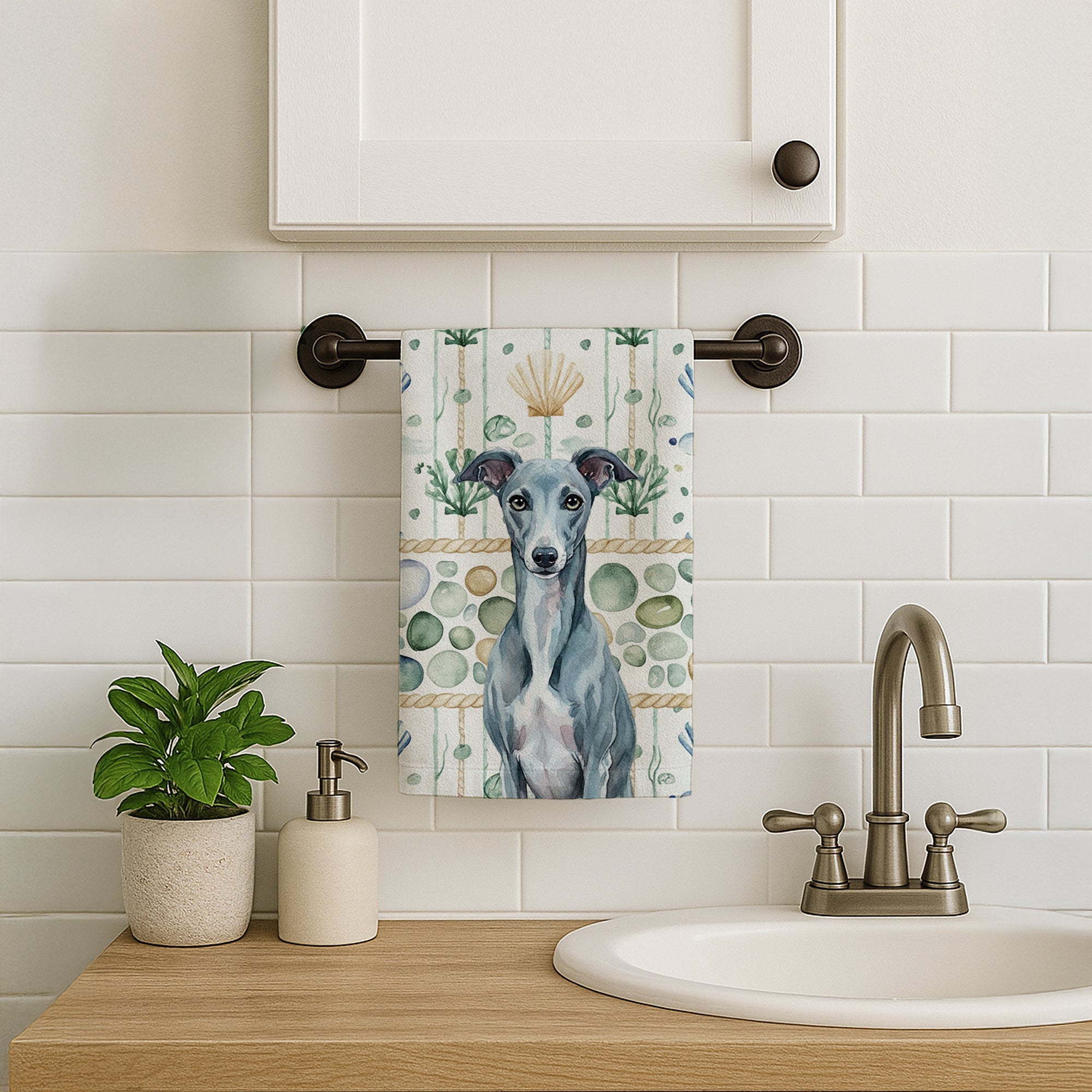 Blue Whippet Coastal Sea Glass Kitchen Towel Velour Plush Front and Cotton Loop Back Machine Washable