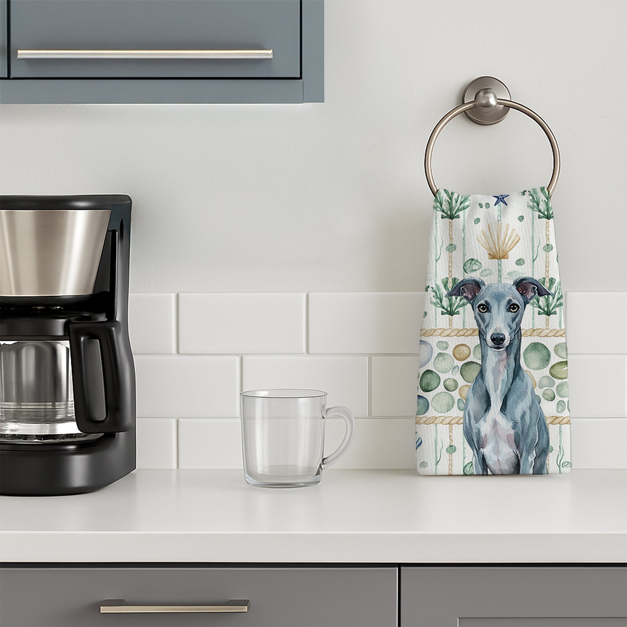 Blue Whippet Coastal Sea Glass Kitchen Towel Velour Plush Front and Cotton Loop Back Machine Washable