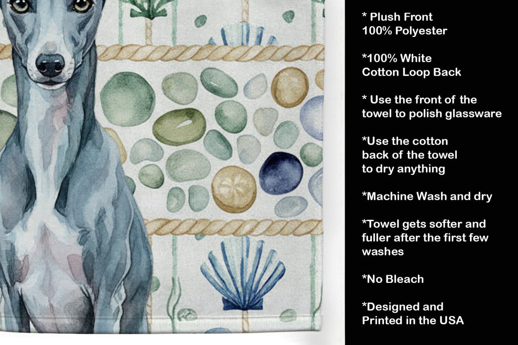 Blue Whippet Coastal Sea Glass Kitchen Towel Velour Plush Front and Cotton Loop Back Machine Washable