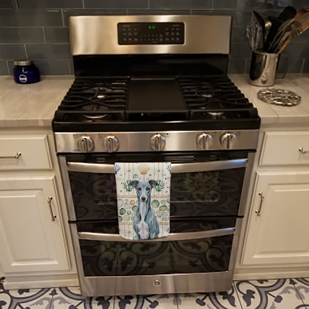 Blue Whippet Coastal Sea Glass Kitchen Towel Velour Plush Front and Cotton Loop Back Machine Washable