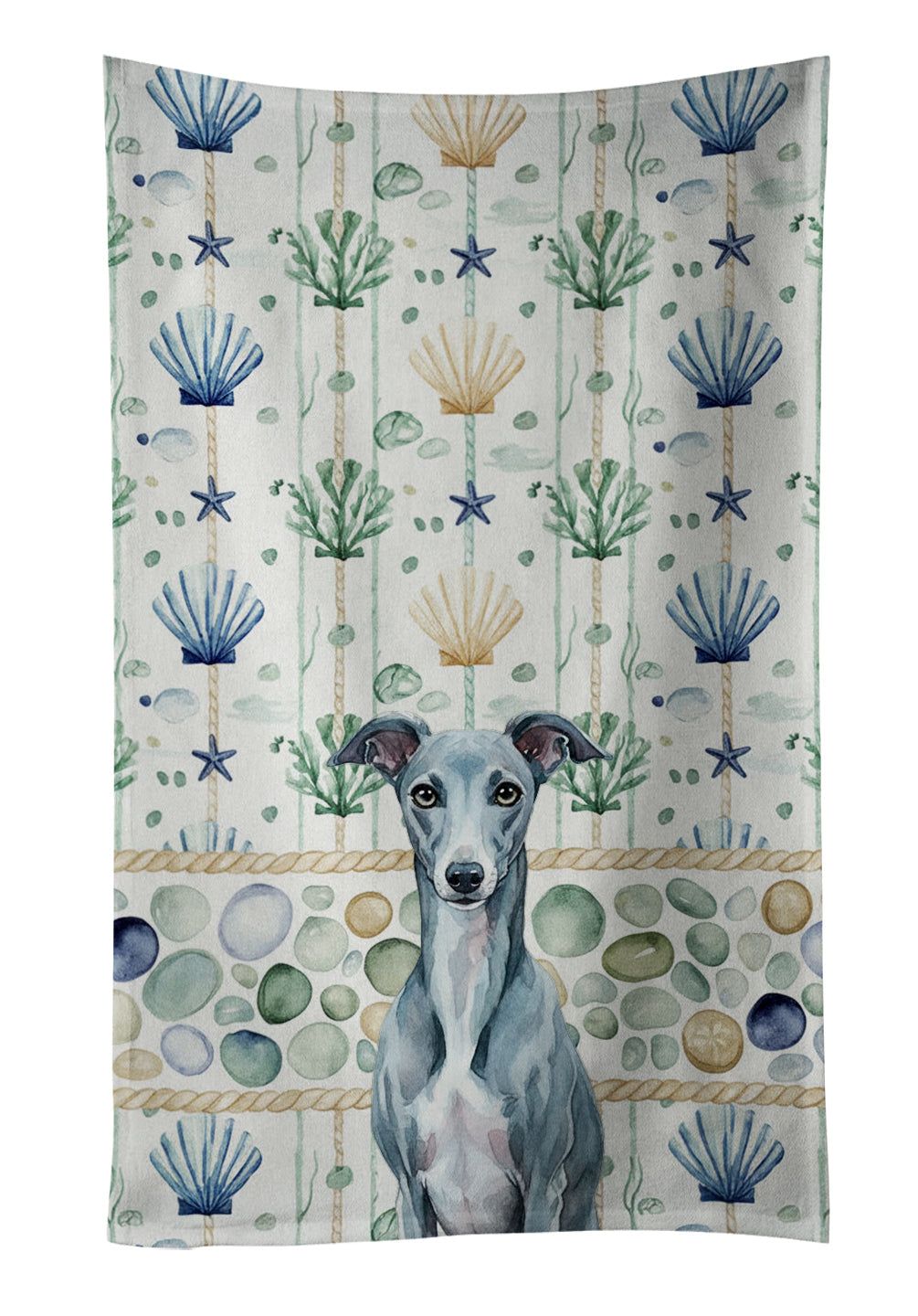 Blue Whippet Coastal Sea Glass Kitchen Towel Velour Plush Front and Cotton Loop Back Machine Washable