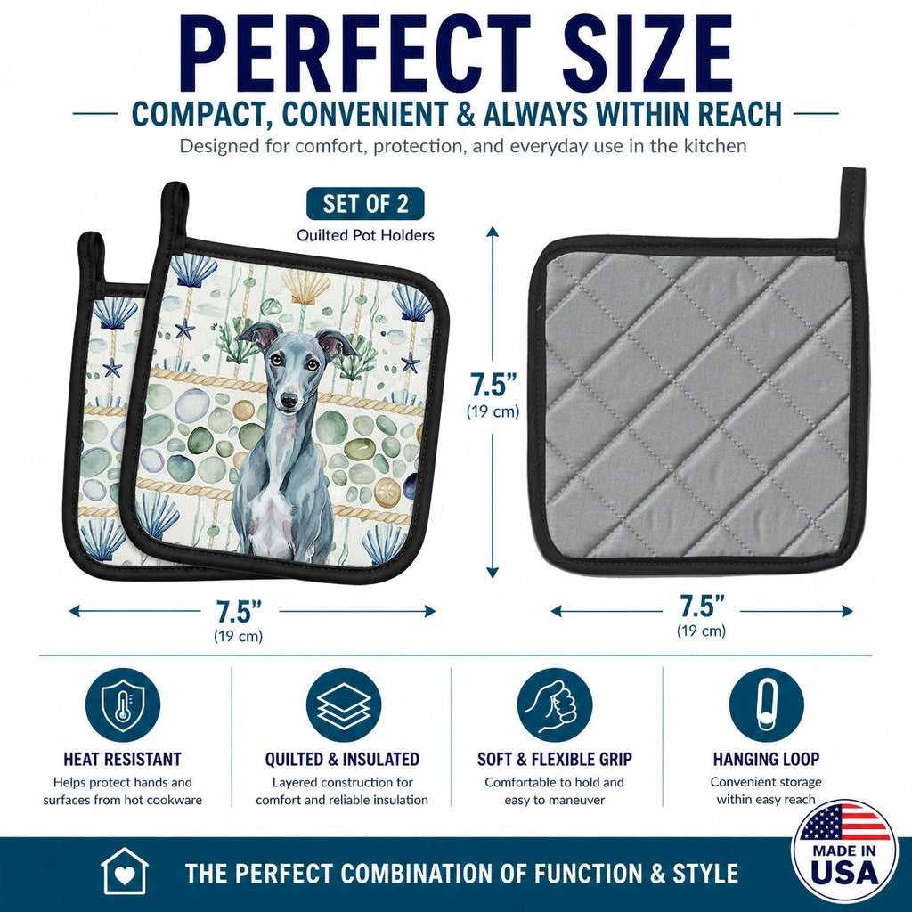 Blue Whippet Coastal Sea Glass Pot Holder Set of 2 Heat Resistant Quilted Hot Pads 7.5 x 7.5 Inch, Insulated Kitchen Trivets for Cooking & Baking