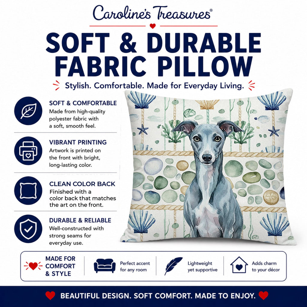 Blue Whippet Coastal Sea Glass Decorative Throw Pillow 14x14 Indoor Outdoor Accent Cushion, Fabric Cover with Insert for Sofa, Bed, Porch & Living Room