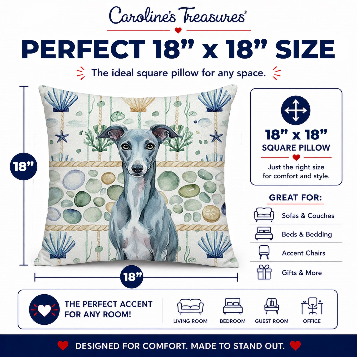 Blue Whippet Coastal Sea Glass Decorative Throw Pillow 18x18 Indoor Outdoor Accent Cushion, Fabric Cover with Insert for Sofa, Bed, Porch & Living Room