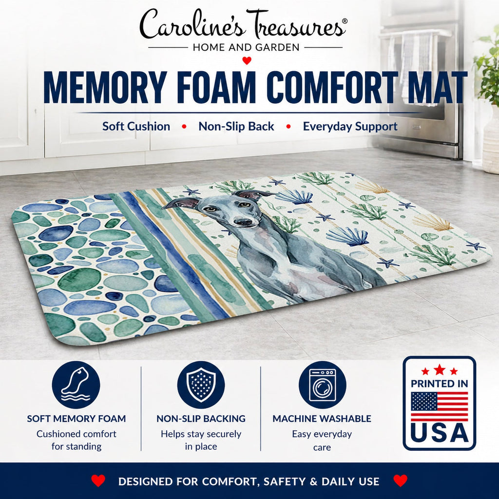 Blue Whippet Coastal Sea Glass Memory Foam Kitchen Mat Machine Washable Anti-Fatigue Cushion Comfort Bath or Kitchen Rug