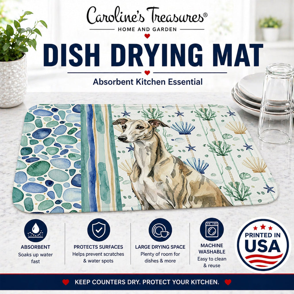 Brindle Whippet Coastal Sea Glass Dish Drying Mat Absorbent Dish Drying Mat Pad for Kitchen Counter Dish Drainer Mat for Countertop, 14 x 21", Multicolor