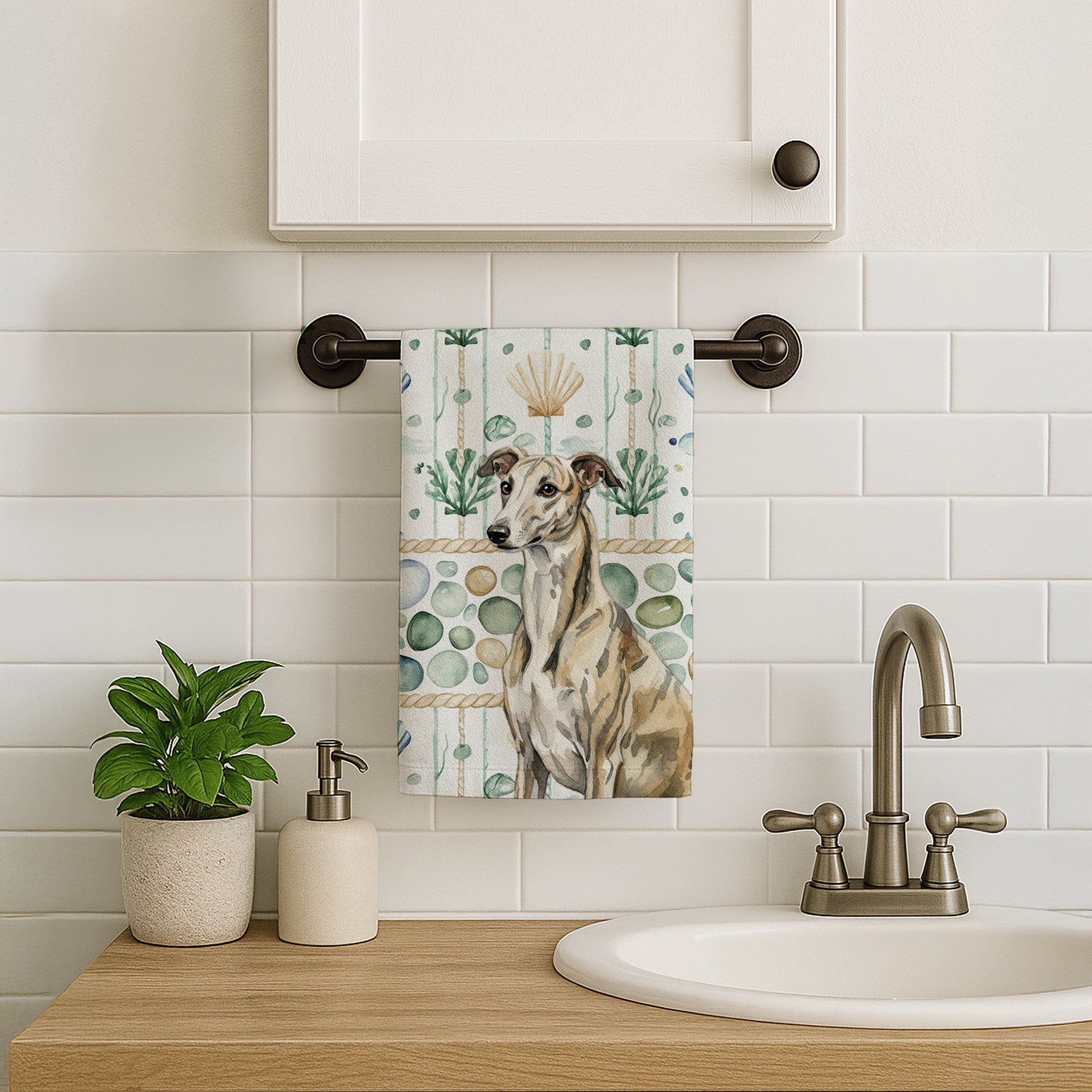Brindle Whippet Coastal Sea Glass Kitchen Towel Velour Plush Front and Cotton Loop Back Machine Washable