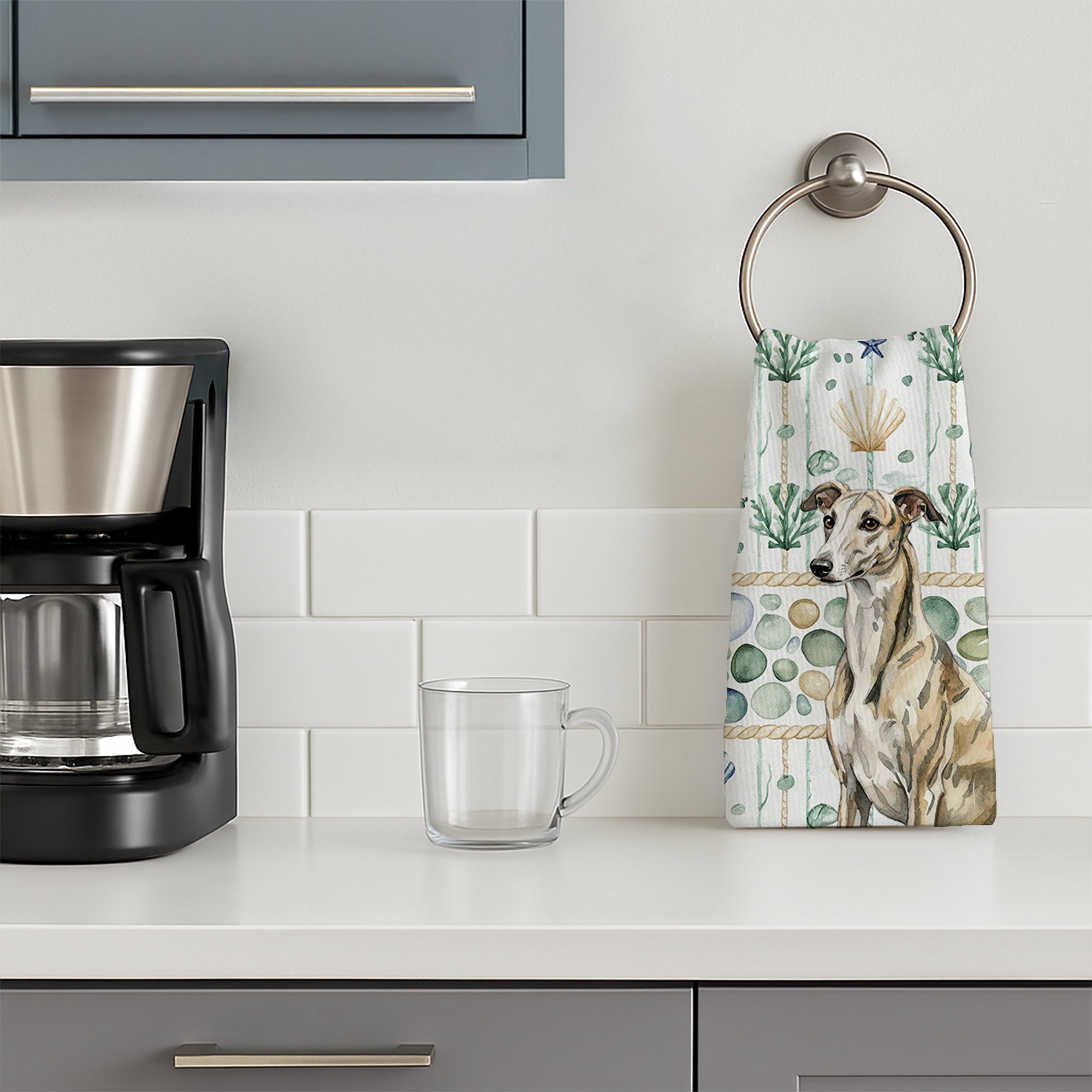 Brindle Whippet Coastal Sea Glass Kitchen Towel Velour Plush Front and Cotton Loop Back Machine Washable