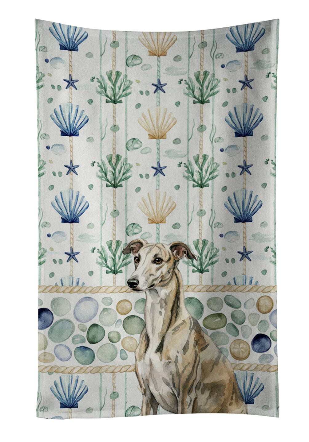 Brindle Whippet Coastal Sea Glass Kitchen Towel Velour Plush Front and Cotton Loop Back Machine Washable