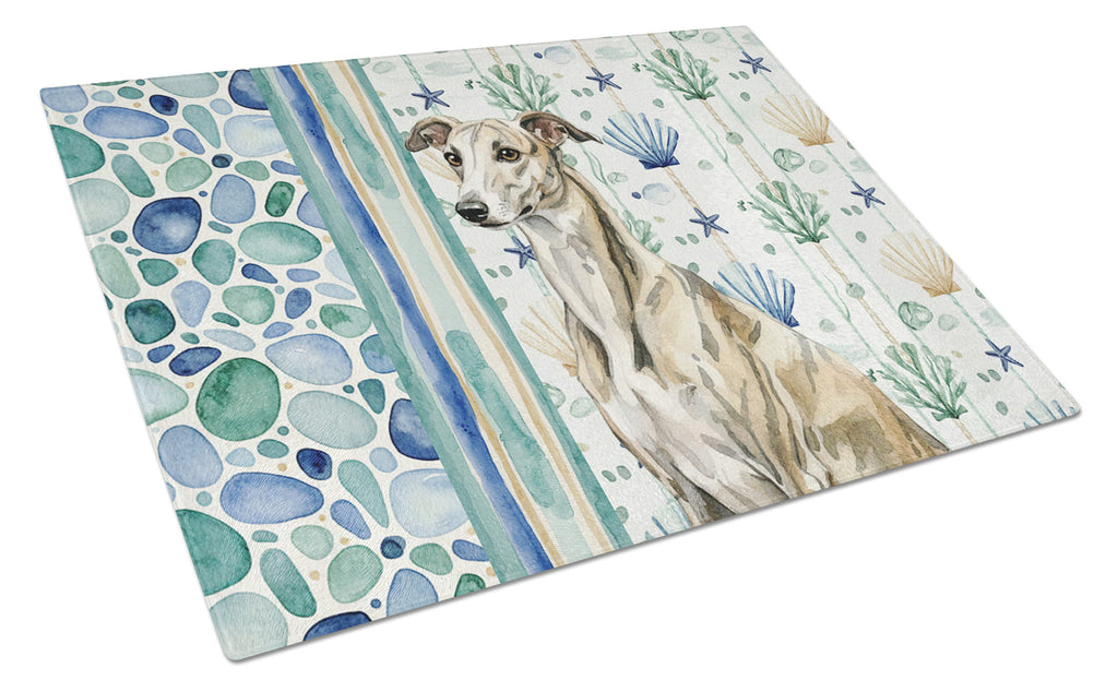 Brindle Whippet Coastal Sea Glass Cutting Board Tempered Glass Kitchen Cutting Surface, Heat Resistant Chopping, Non-Slip Feet, Food Prep & Serving