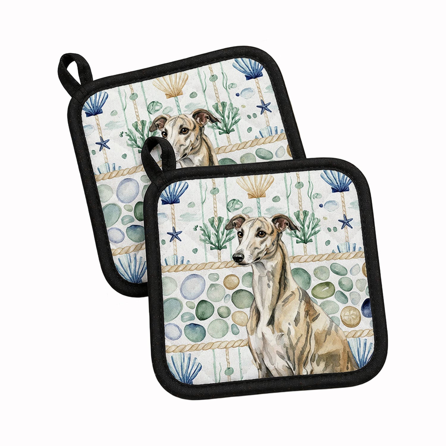 Brindle Whippet Coastal Sea Glass Pot Holder Set of 2 Heat Resistant Quilted Hot Pads 7.5 x 7.5 Inch, Insulated Kitchen Trivets for Cooking & Baking
