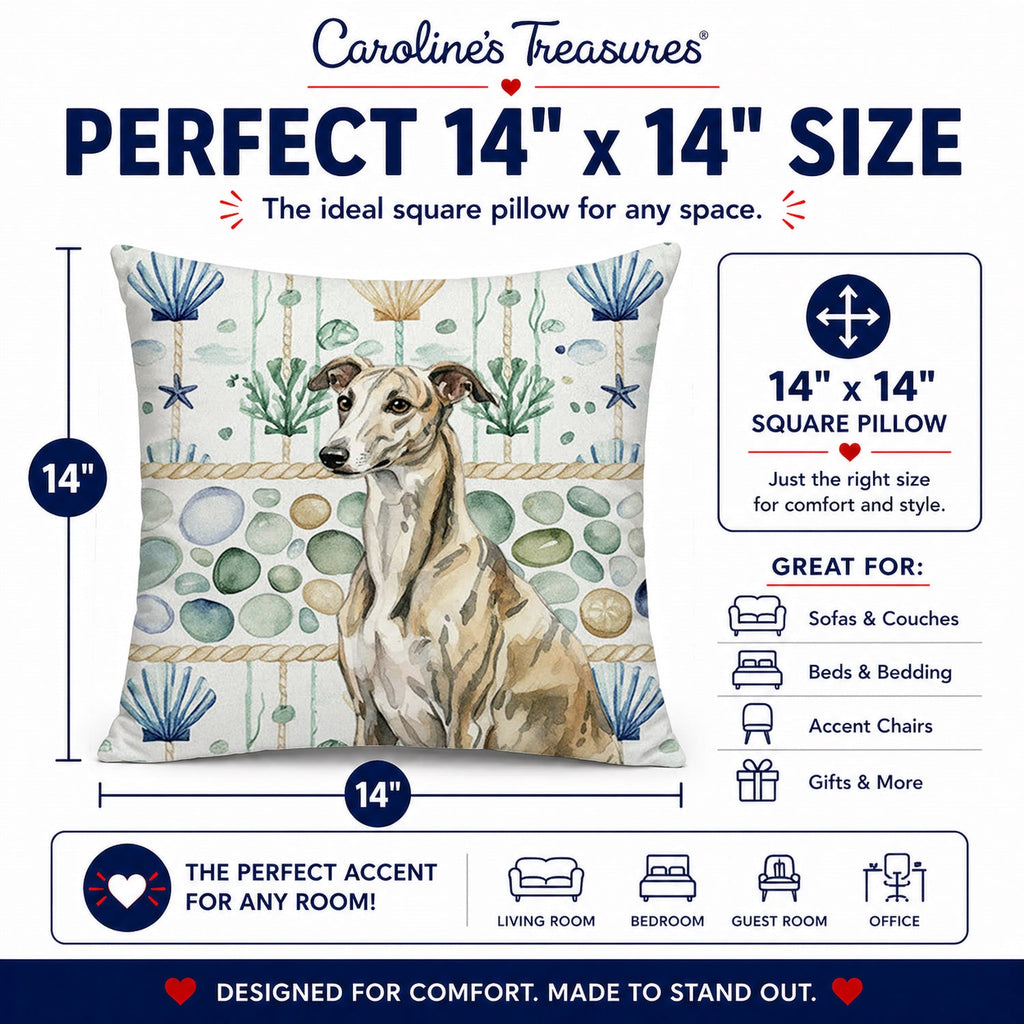 Brindle Whippet Coastal Sea Glass Decorative Throw Pillow 14x14 Indoor Outdoor Accent Cushion, Fabric Cover with Insert for Sofa, Bed, Porch & Living Room