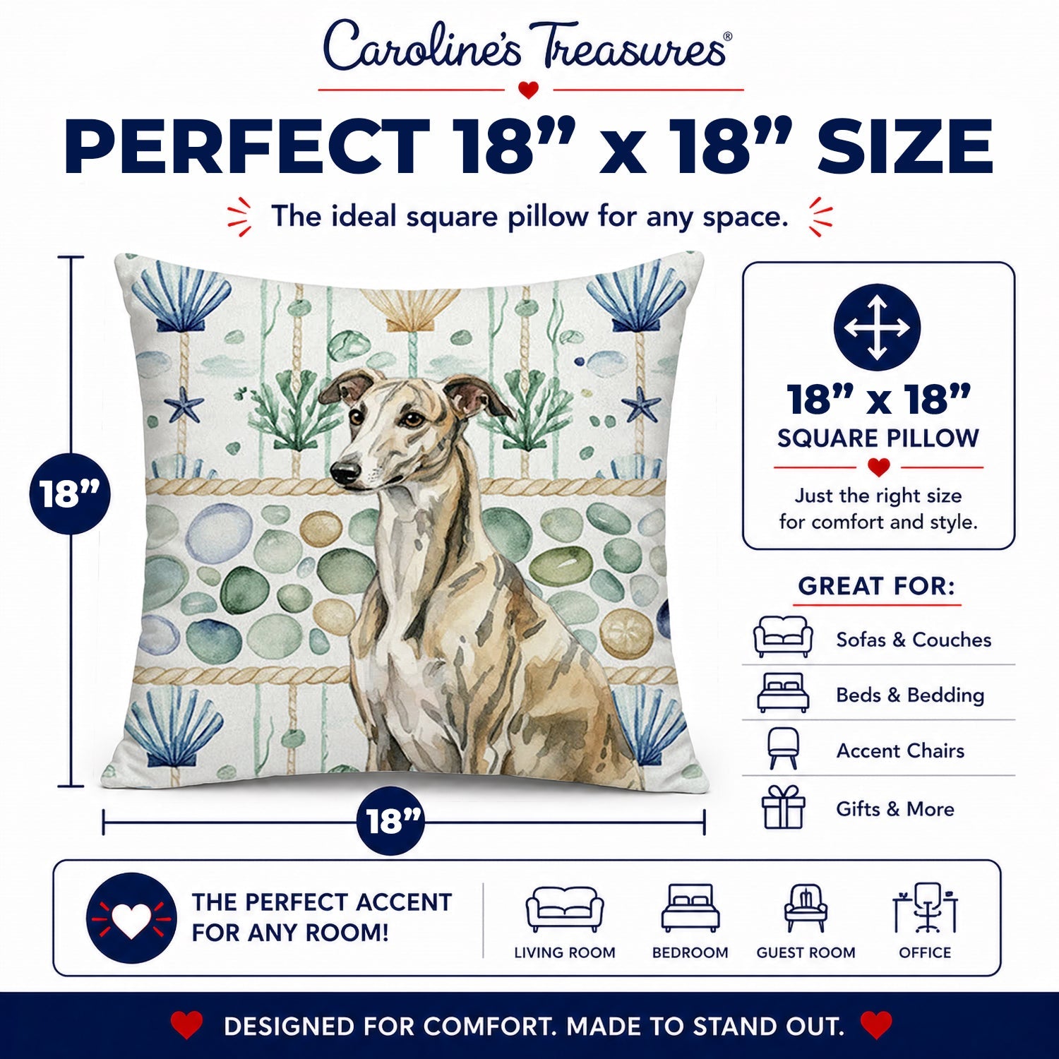 Brindle Whippet Coastal Sea Glass Decorative Throw Pillow 18x18 Indoor Outdoor Accent Cushion, Fabric Cover with Insert for Sofa, Bed, Porch & Living Room