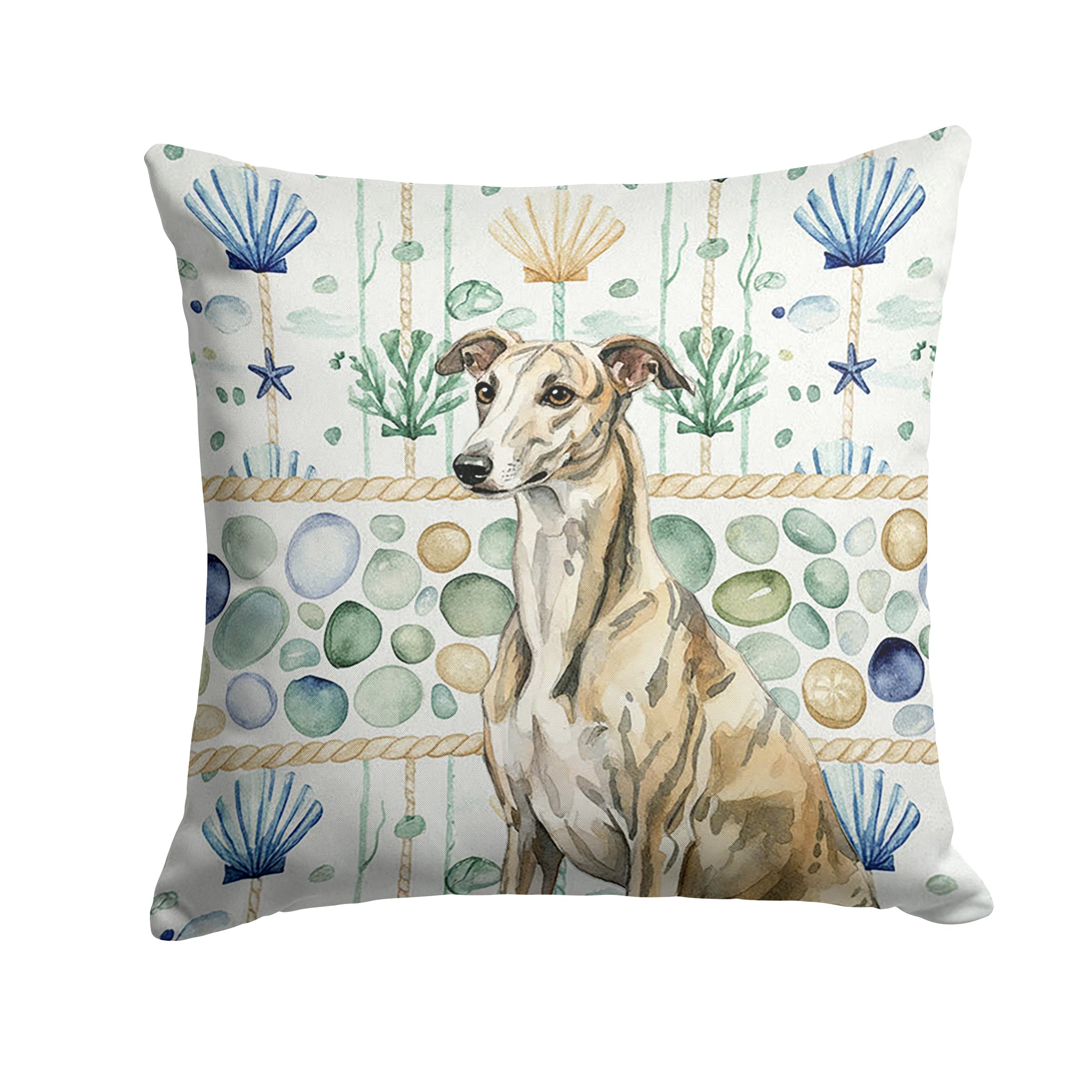 Brindle Whippet Coastal Sea Glass Decorative Throw Pillow 18x18 Indoor Outdoor Accent Cushion, Fabric Cover with Insert for Sofa, Bed, Porch & Living Room