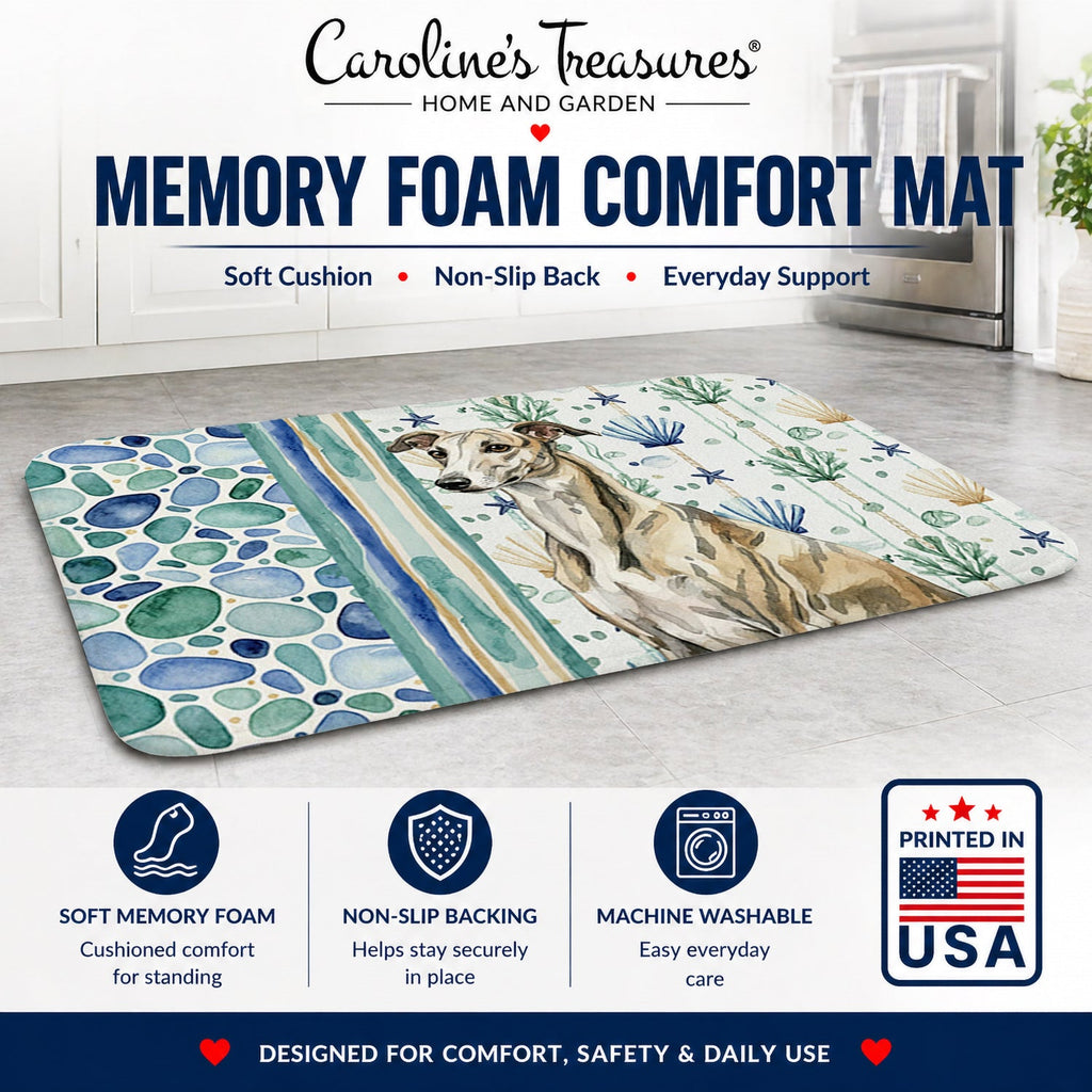 Brindle Whippet Coastal Sea Glass Memory Foam Kitchen Mat Machine Washable Anti-Fatigue Cushion Comfort Bath or Kitchen Rug