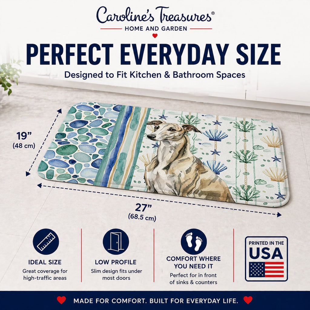 Brindle Whippet Coastal Sea Glass Memory Foam Kitchen Mat Machine Washable Anti-Fatigue Cushion Comfort Bath or Kitchen Rug
