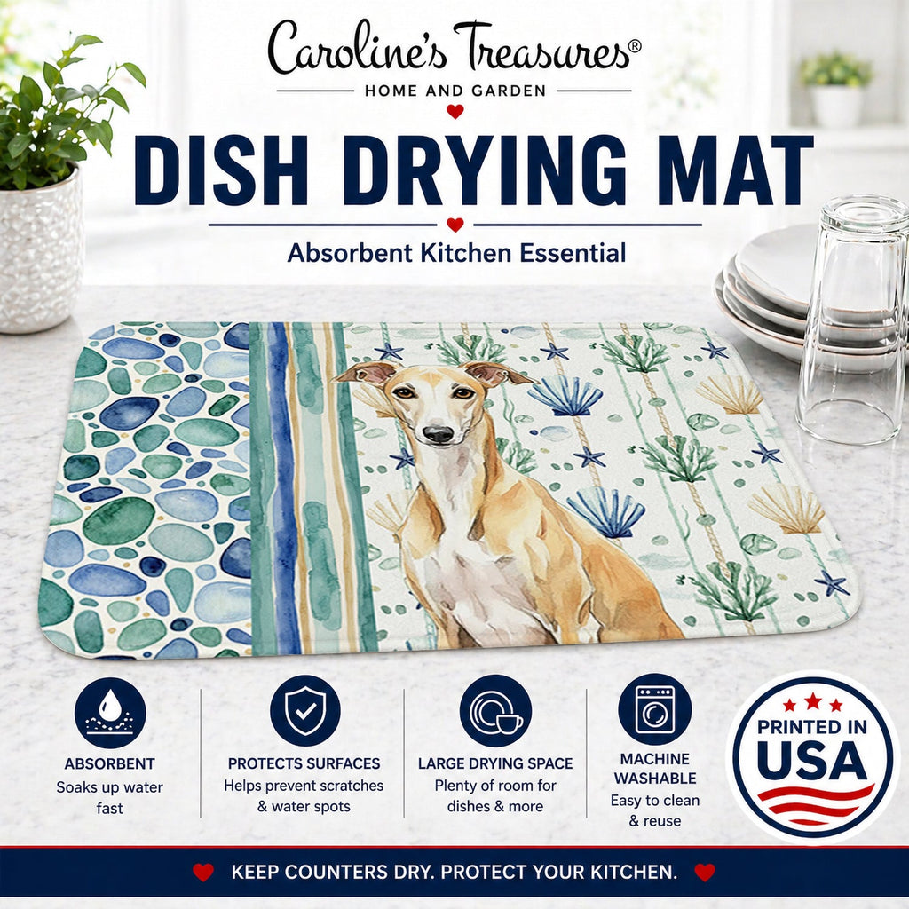 Fawn Whippet Coastal Sea Glass Dish Drying Mat Absorbent Dish Drying Mat Pad for Kitchen Counter Dish Drainer Mat for Countertop, 14 x 21", Multicolor
