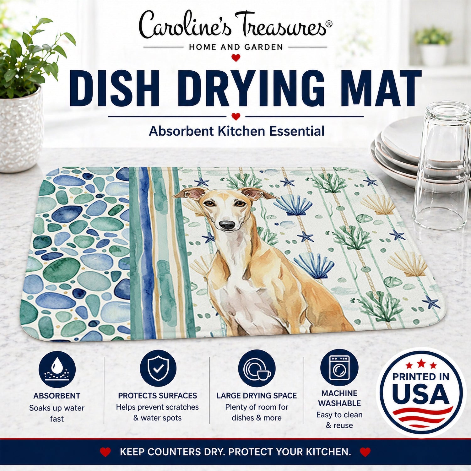 Fawn Whippet Coastal Sea Glass Dish Drying Mat Absorbent Dish Drying Mat Pad for Kitchen Counter Dish Drainer Mat for Countertop, 14 x 21", Multicolor