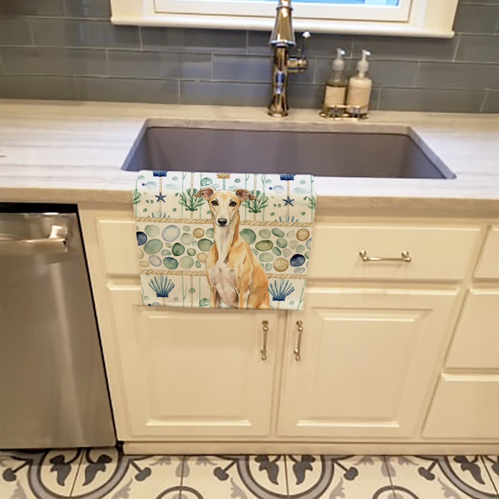 Fawn Whippet Coastal Sea Glass Kitchen Towel Velour Plush Front and Cotton Loop Back Machine Washable