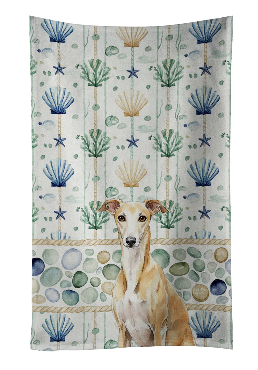 Fawn Whippet Coastal Sea Glass Kitchen Towel Velour Plush Front and Cotton Loop Back Machine Washable