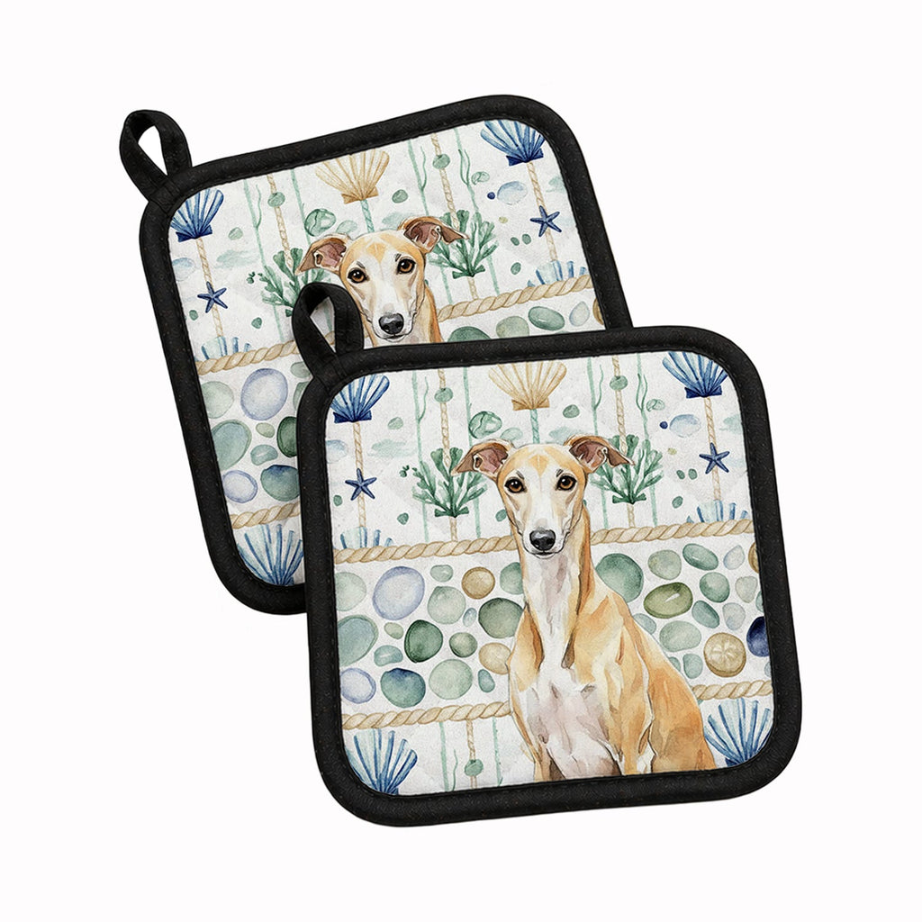 Fawn Whippet Coastal Sea Glass Pot Holder Set of 2 Heat Resistant Quilted Hot Pads 7.5 x 7.5 Inch, Insulated Kitchen Trivets for Cooking & Baking