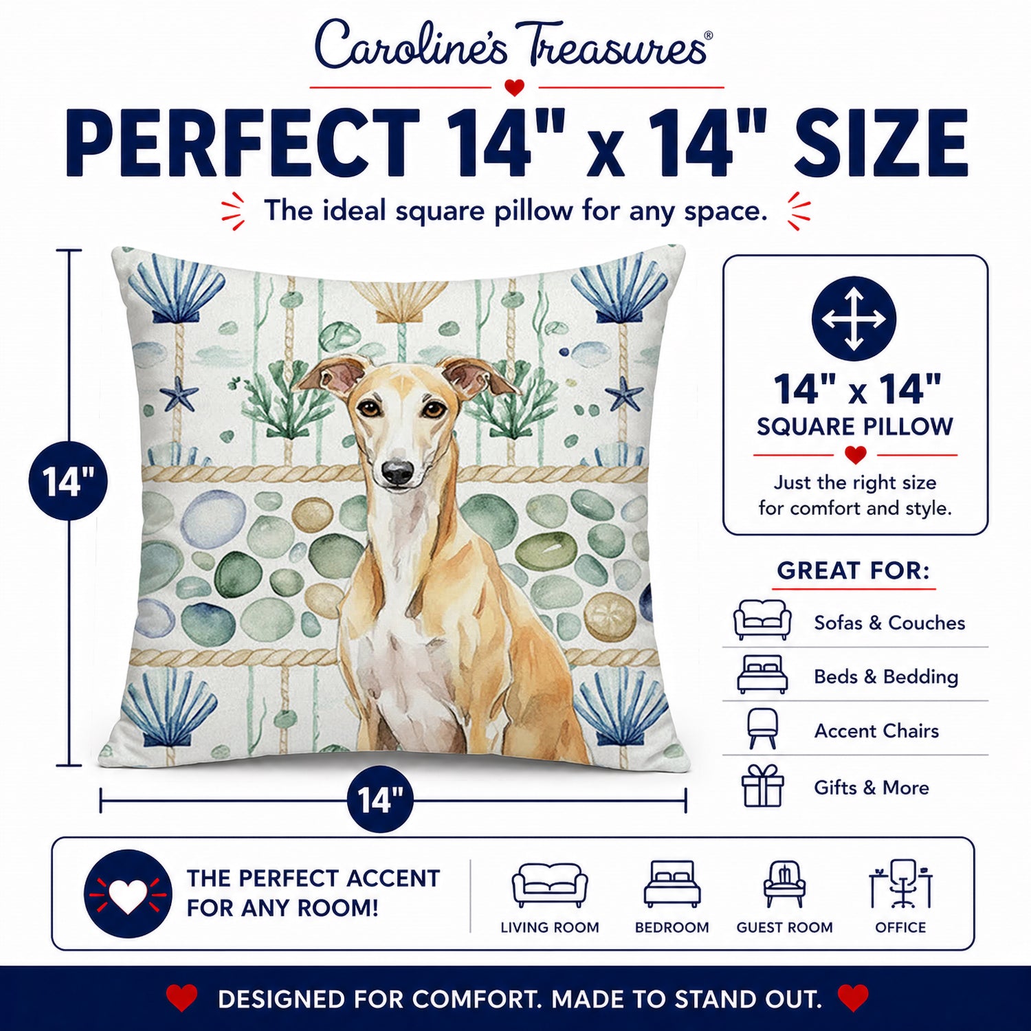 Fawn Whippet Coastal Sea Glass Decorative Throw Pillow 14x14 Indoor Outdoor Accent Cushion, Fabric Cover with Insert for Sofa, Bed, Porch & Living Room