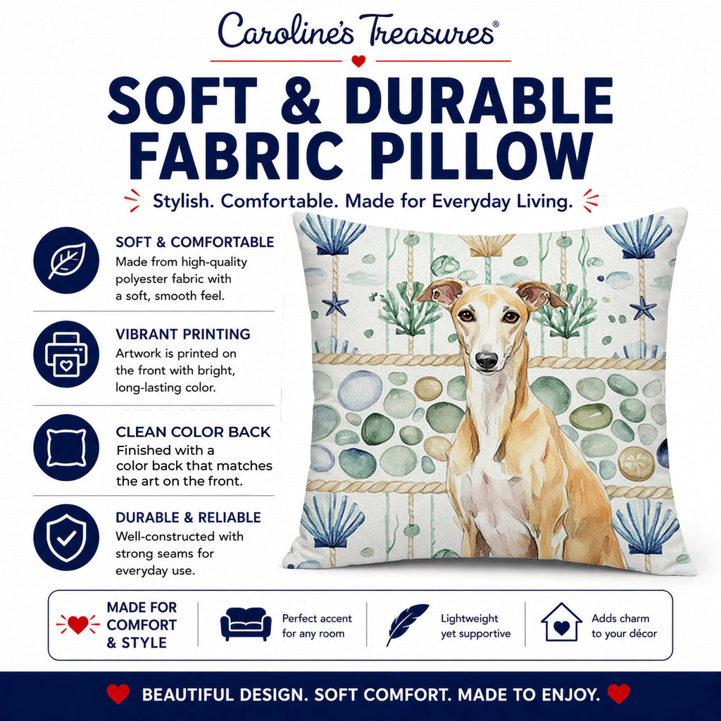 Fawn Whippet Coastal Sea Glass Decorative Throw Pillow 18x18 Indoor Outdoor Accent Cushion, Fabric Cover with Insert for Sofa, Bed, Porch & Living Room