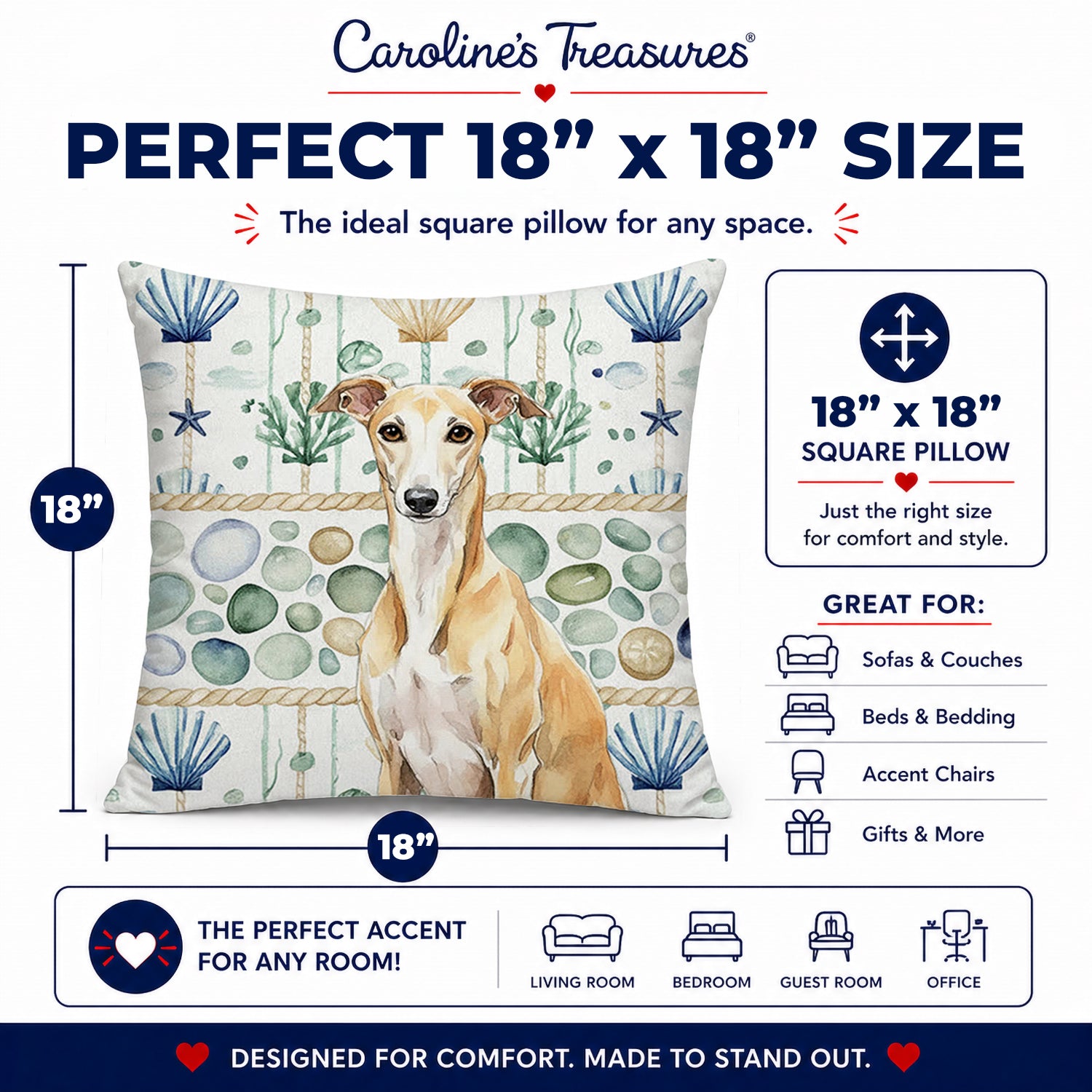 Fawn Whippet Coastal Sea Glass Decorative Throw Pillow 18x18 Indoor Outdoor Accent Cushion, Fabric Cover with Insert for Sofa, Bed, Porch & Living Room