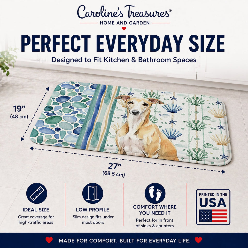 Fawn Whippet Coastal Sea Glass Memory Foam Kitchen Mat Machine Washable Anti-Fatigue Cushion Comfort Bath or Kitchen Rug