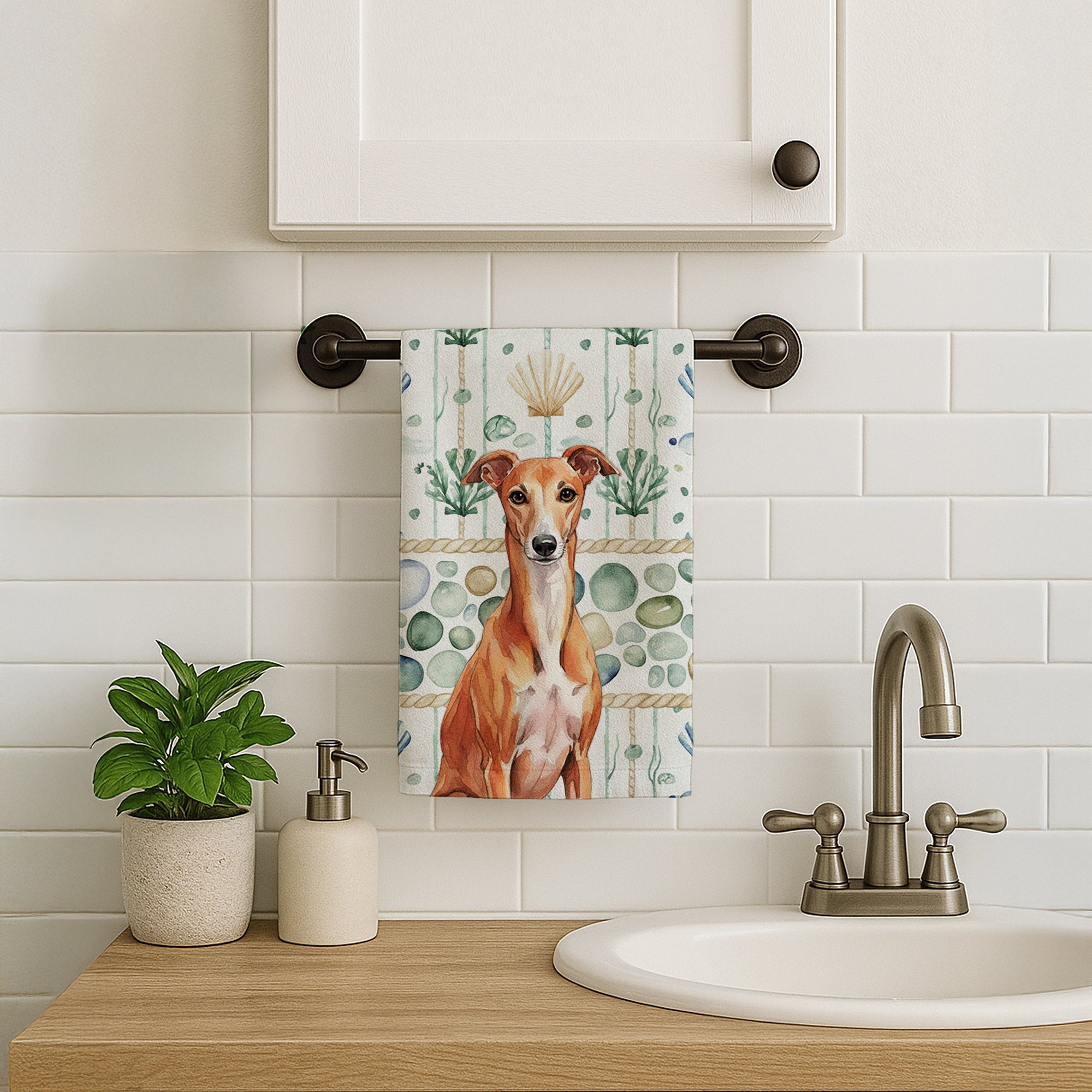 Red Whippet Coastal Sea Glass Kitchen Towel Velour Plush Front and Cotton Loop Back Machine Washable