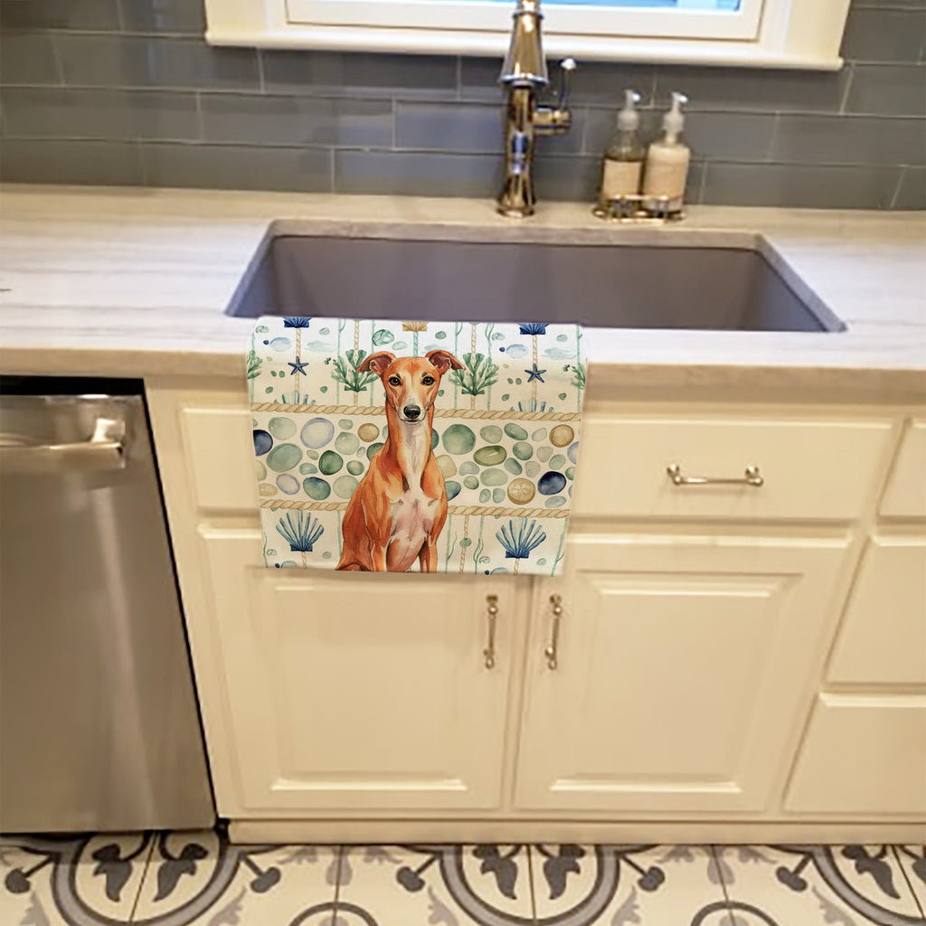 Red Whippet Coastal Sea Glass Kitchen Towel Velour Plush Front and Cotton Loop Back Machine Washable