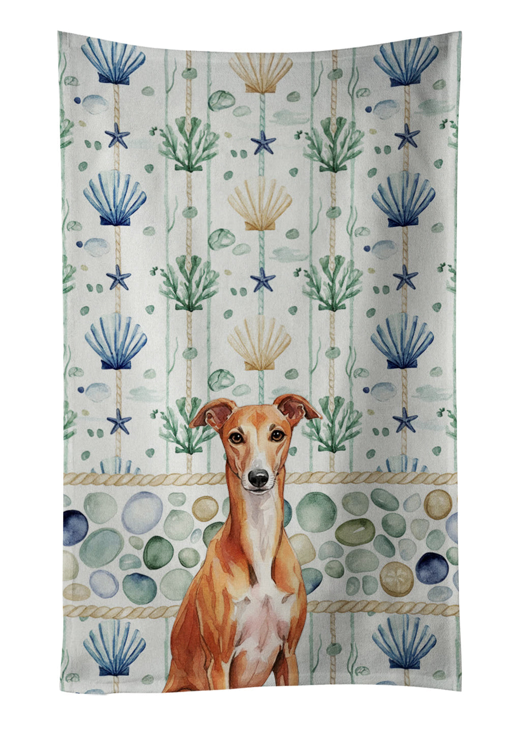 Red Whippet Coastal Sea Glass Kitchen Towel Velour Plush Front and Cotton Loop Back Machine Washable
