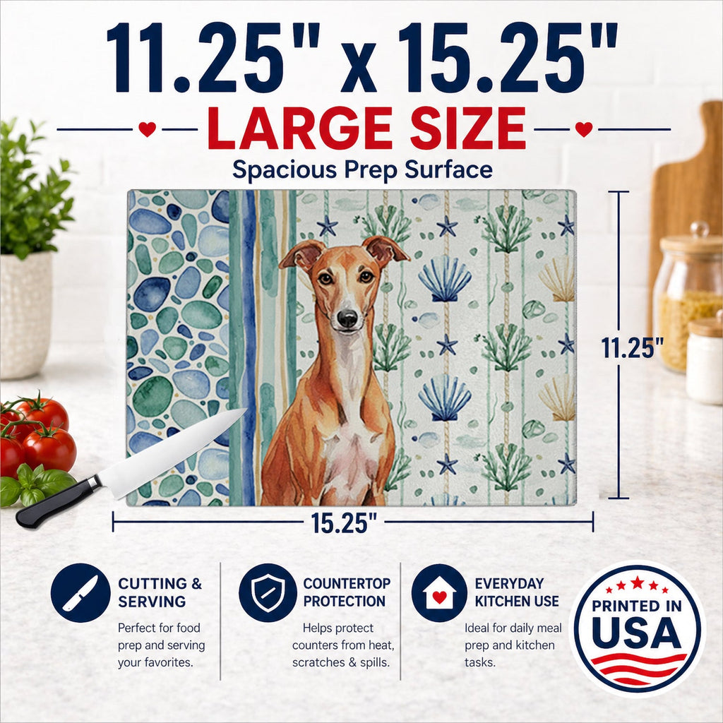 Red Whippet Coastal Sea Glass Cutting Board Tempered Glass Kitchen Cutting Surface, Heat Resistant Chopping, Non-Slip Feet, Food Prep & Serving