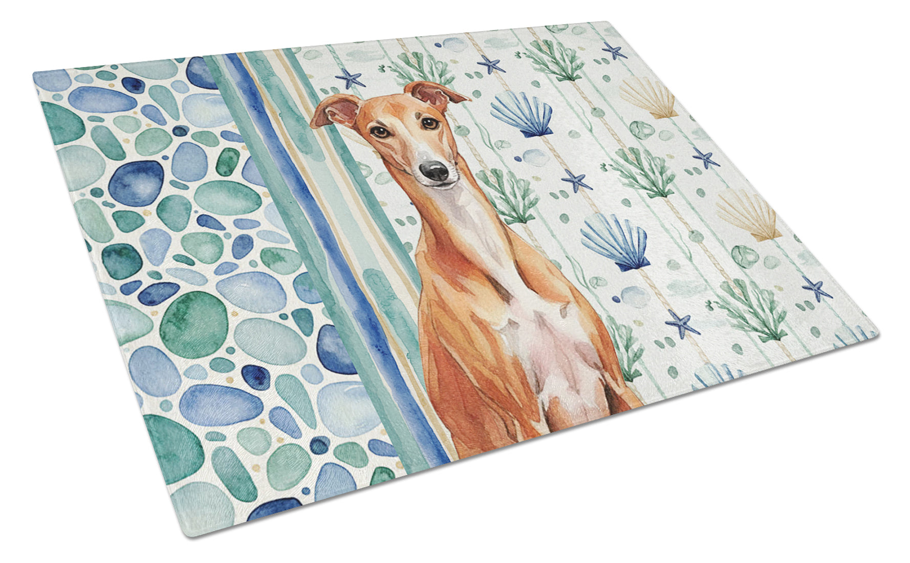 Red Whippet Coastal Sea Glass Cutting Board Tempered Glass Kitchen Cutting Surface, Heat Resistant Chopping, Non-Slip Feet, Food Prep & Serving