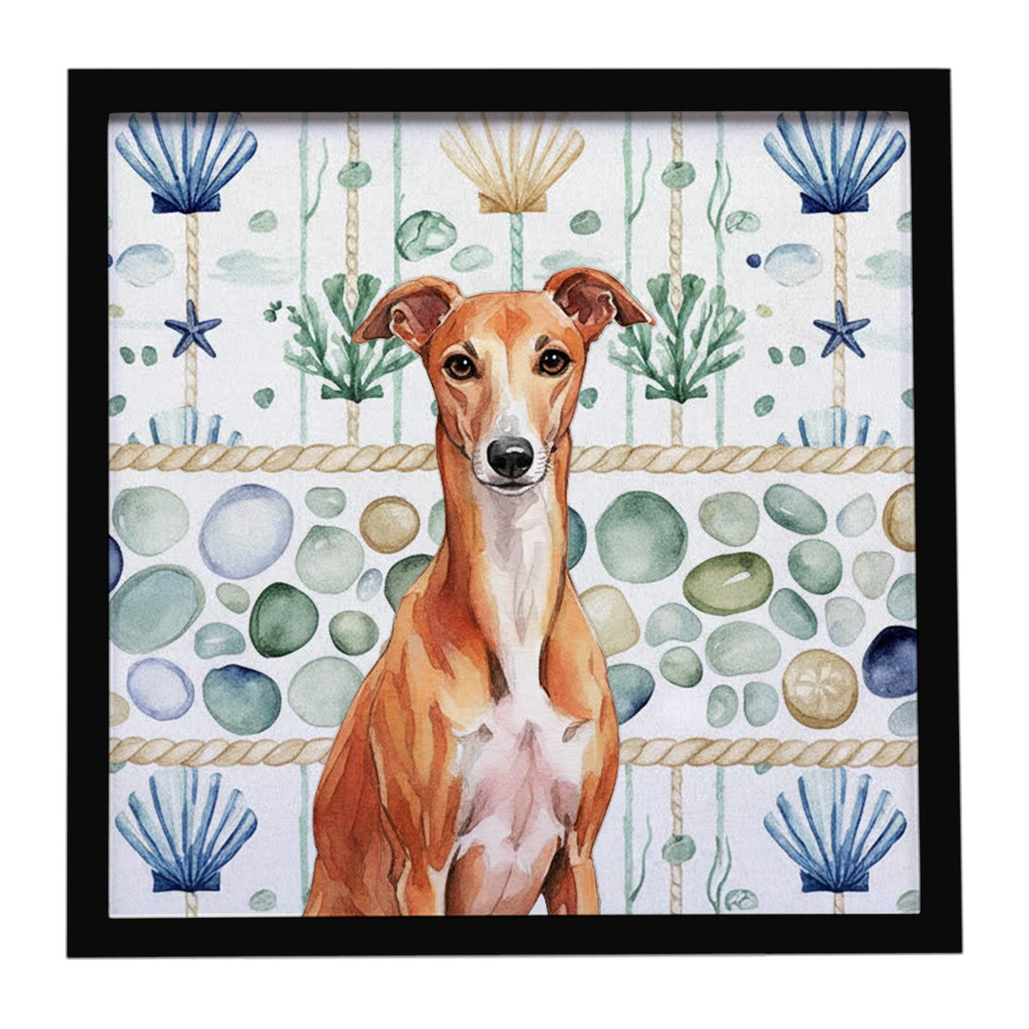Red Whippet Coastal Sea Glass Framed Metal Print Bathroom, Kitchen, Office, Home Decor Wall Art Ready to Hang, Square, 8X8