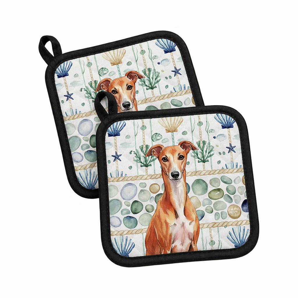 Red Whippet Coastal Sea Glass Pot Holder Set of 2 Heat Resistant Quilted Hot Pads 7.5 x 7.5 Inch, Insulated Kitchen Trivets for Cooking & Baking