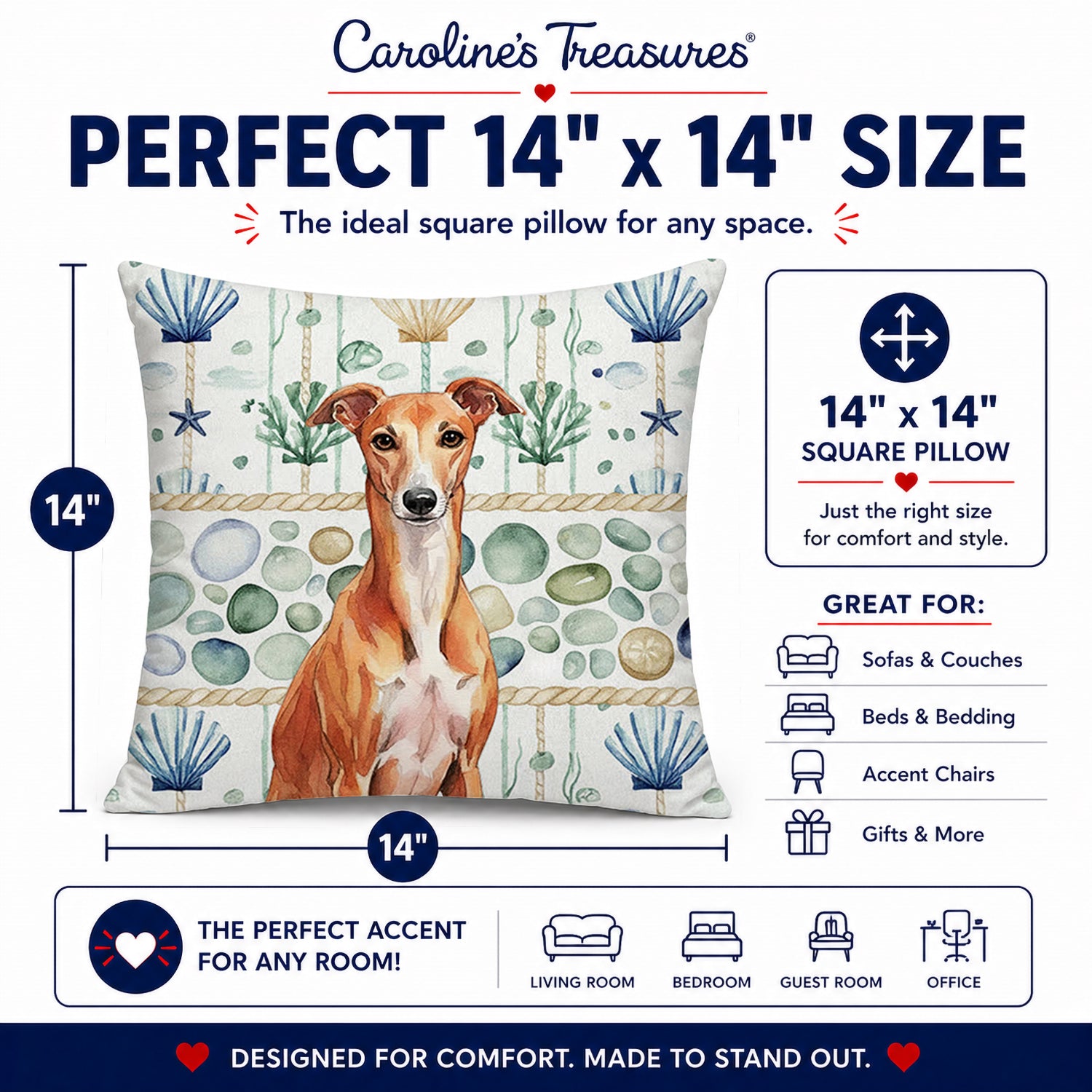 Red Whippet Coastal Sea Glass Decorative Throw Pillow 14x14 Indoor Outdoor Accent Cushion, Fabric Cover with Insert for Sofa, Bed, Porch & Living Room