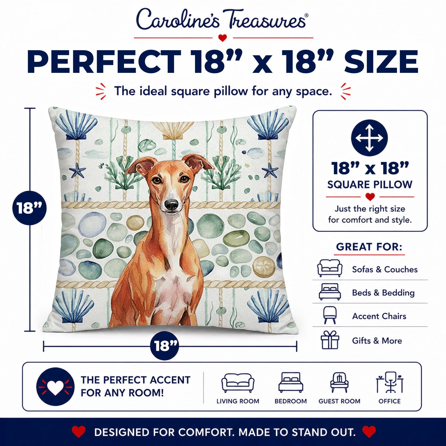 Red Whippet Coastal Sea Glass Decorative Throw Pillow 18x18 Indoor Outdoor Accent Cushion, Fabric Cover with Insert for Sofa, Bed, Porch & Living Room