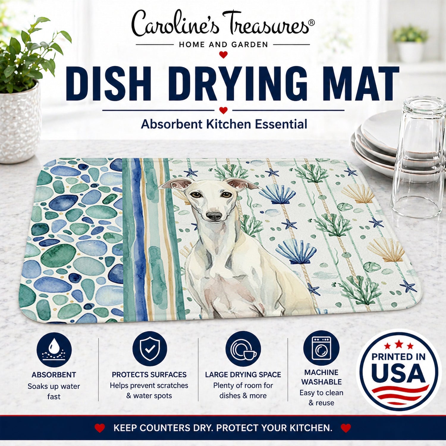 White Whippet Coastal Sea Glass Dish Drying Mat Absorbent Dish Drying Mat Pad for Kitchen Counter Dish Drainer Mat for Countertop, 14 x 21", Multicolor