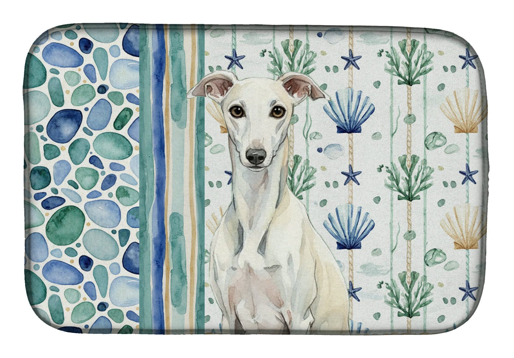 White Whippet Coastal Sea Glass Dish Drying Mat Absorbent Dish Drying Mat Pad for Kitchen Counter Dish Drainer Mat for Countertop, 14 x 21", Multicolor
