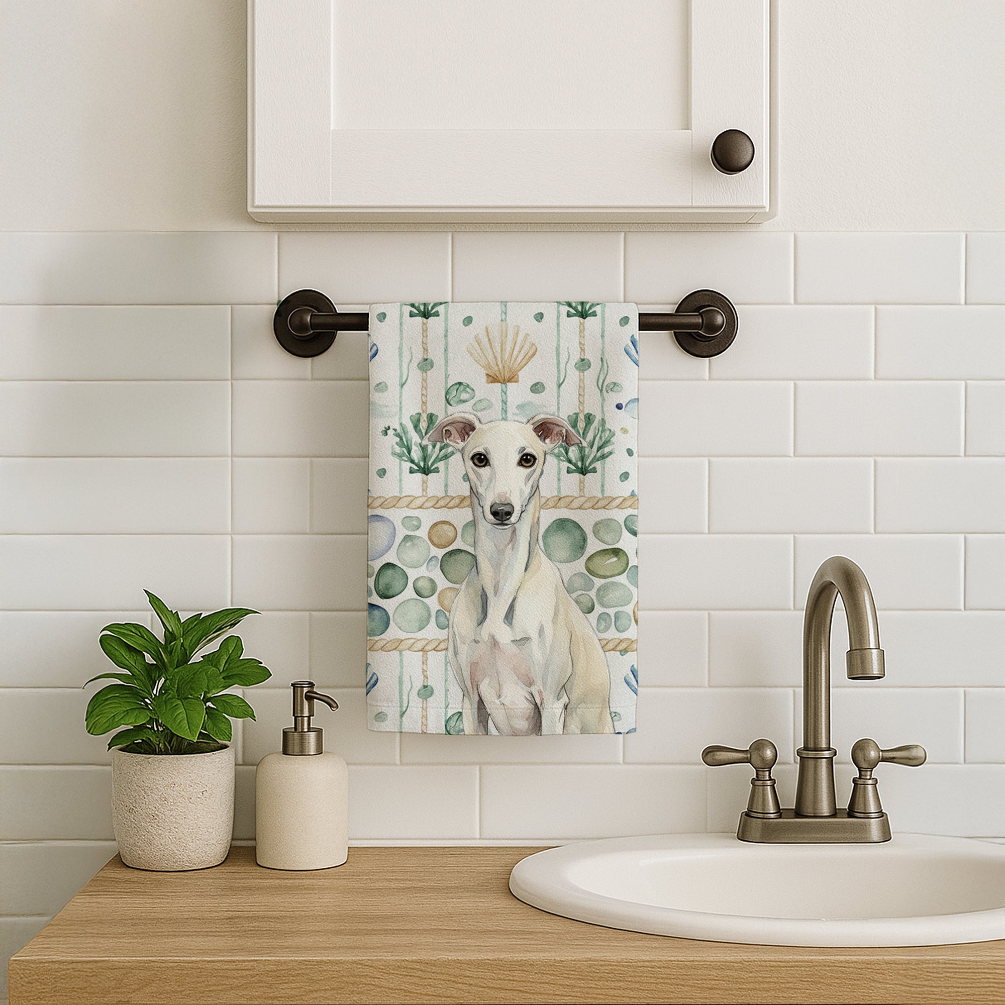 White Whippet Coastal Sea Glass Kitchen Towel Velour Plush Front and Cotton Loop Back Machine Washable