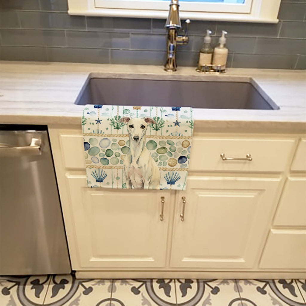 White Whippet Coastal Sea Glass Kitchen Towel Velour Plush Front and Cotton Loop Back Machine Washable