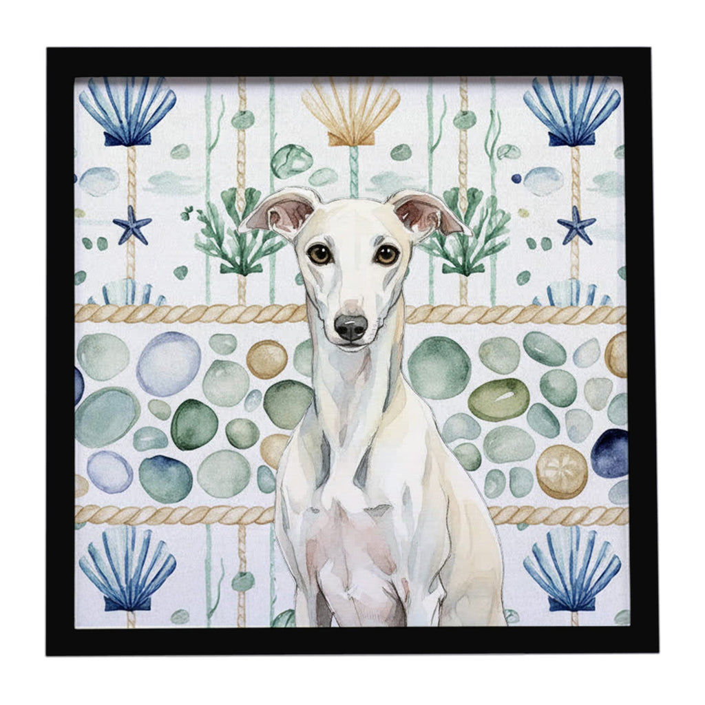 White Whippet Coastal Sea Glass Framed Metal Print Bathroom, Kitchen, Office, Home Decor Wall Art Ready to Hang, Square, 8X8
