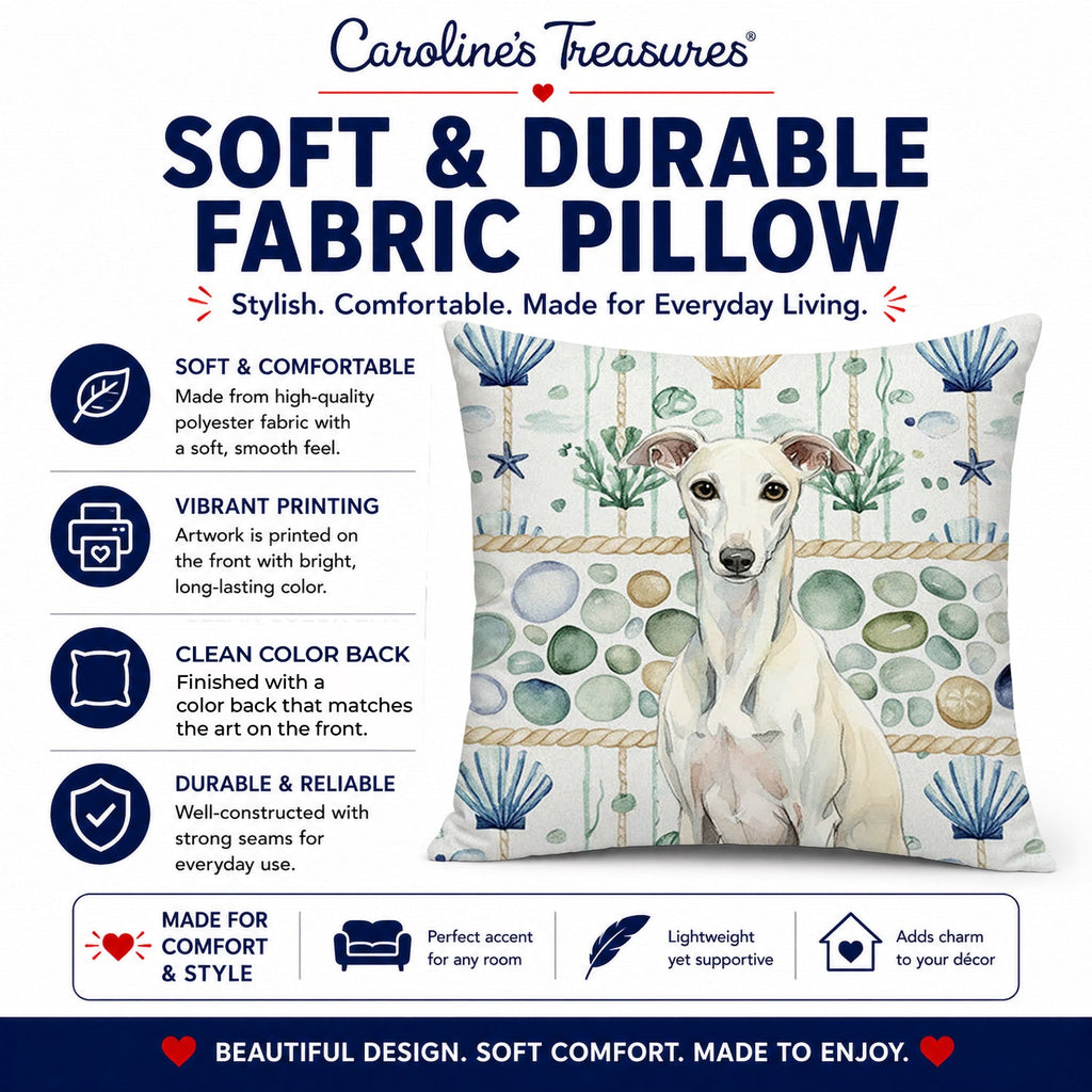 White Whippet Coastal Sea Glass Decorative Throw Pillow 14x14 Indoor Outdoor Accent Cushion, Fabric Cover with Insert for Sofa, Bed, Porch & Living Room